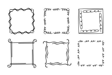 Kare karalama pulu çerçeveleri, el yapımı dalgalı kıvrımlı monogramlar. Kenarları ve kadroları basit karalamalı girdap tasarım elementleriyle. İzole edilmiş. Vektör