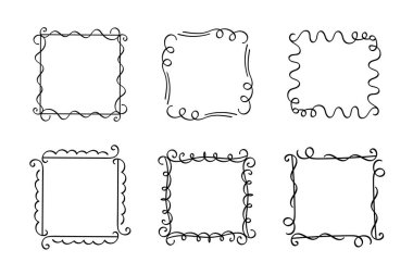Kare karalama pulu çerçeveleri, el yapımı dalgalı kıvrımlı monogramlar. Kenarları ve kadroları basit karalamalı girdap tasarım elementleriyle. İzole edilmiş. Vektör
