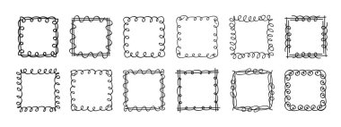 Kare karalama pulu çerçeveleri, el yapımı dalgalı kıvrımlı monogramlar. Kenarları ve kadroları basit karalamalı girdap tasarım elementleriyle. İzole edilmiş. Vektör