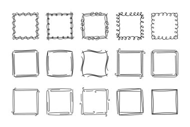 Kare karalama pulu çerçeveleri, el yapımı dalgalı kıvrımlı monogramlar. Kenarları ve kadroları basit karalamalı girdap tasarım elementleriyle. İzole edilmiş. Vektör