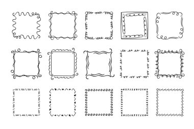 Kare karalama pulu çerçeveleri, el yapımı dalgalı kıvrımlı monogramlar. Kenarları ve kadroları basit karalamalı girdap tasarım elementleriyle. İzole edilmiş. Vektör