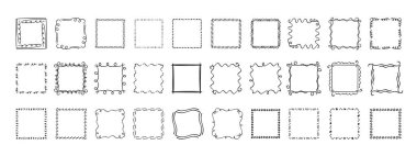 Kare karalama pulu çerçeveleri, el yapımı dalgalı kıvrımlı monogramlar. Kenarları ve kadroları basit karalamalı girdap tasarım elementleriyle. İzole edilmiş. Vektör