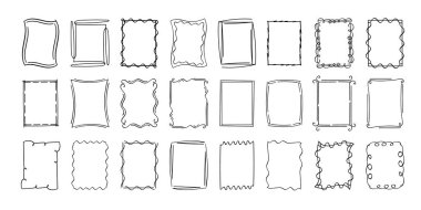 Çerçeve karalama dikdörtgen damgası, el çizimi dalgalı kıvrımlı monogramlar. Kenarları ve kadroları basit karalamalı girdap tasarım elementleriyle. İzole edilmiş. Vektör