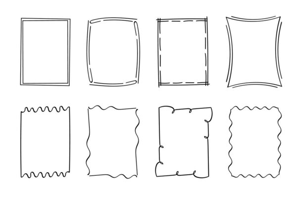 Прямоугольная марка, нарисованные вручную волнистые кудрявые монограммы. Края и кадры с простыми эскизными каракулями вихревыми элементами дизайна. Изолирована. Вектор