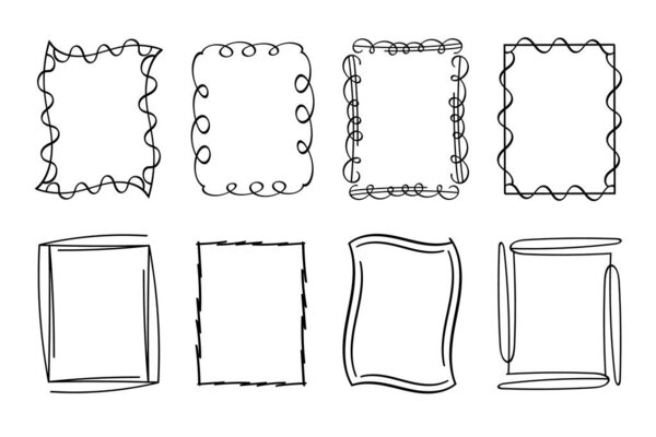 Прямоугольная марка, нарисованные вручную волнистые кудрявые монограммы. Края и кадры с простыми эскизными каракулями вихревыми элементами дизайна. Изолирована. Вектор