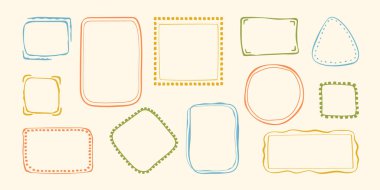 Dalgalı pul çerçeve seti, vektör el eğri kenarlar, soyut kıvrımlı boş dalgalı monogram kadrolar kiti. Minimalist karalamalar girdap tasarım elementleri. İzole edilmiş. Vektör