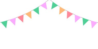 Doğum günü partisi dekorasyonu için ipte renkli bayraklar, tatil yıldönümü kumaş çelengi tasarımı, modern şenlikli asılı dekor. İzole edilmiş. Vektör