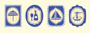 İtalya 'ya yaz seyahati pulu çerçevesi, el çizimi tatil sınırları silueti posta amblemi. Geleneksel Akdeniz monogramları seti, minimalist poster. İzole edilmiş. Vektör