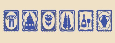 İtalya 'ya yaz seyahati pulu çerçevesi, el çizimi tatil sınırları silueti posta amblemi. Geleneksel Akdeniz monogramları seti, minimalist poster. İzole edilmiş. Vektör