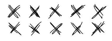 Grunge haçları, X işaretleri, vurgu elle çizilmiş elementler. Reddedilmiş işaret levhası, reddedilmiş tabela, yarım yamalak fırça darbesi. İzole edilmiş. Vektör