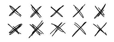 Grunge haçları, X işaretleri, vurgu elle çizilmiş elementler. Reddedilmiş işaret levhası, reddedilmiş tabela, yarım yamalak fırça darbesi. İzole edilmiş. Vektör