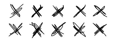 Grunge haçları, X işaretleri, vurgu elle çizilmiş elementler. Reddedilmiş işaret levhası, reddedilmiş tabela, yarım yamalak fırça darbesi. İzole edilmiş. Vektör