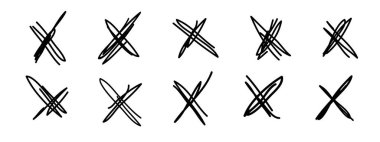Grunge haçları, X işaretleri, vurgu elle çizilmiş elementler. Reddedilmiş işaret levhası, reddedilmiş tabela, yarım yamalak fırça darbesi. İzole edilmiş. Vektör