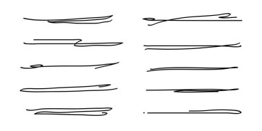 Altı çizili, elle çizilmiş kalem darbeleri. Doodle stili ayırıcı el yazısı kolleksiyon dalgalı kıvrımlı çizgiler sanat çizgileri. İzole edilmiş. Vektör illüstrasyonu
