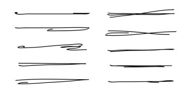 Altı çizili, elle çizilmiş kalem darbeleri. Doodle stili ayırıcı el yazısı kolleksiyon dalgalı kıvrımlı çizgiler sanat çizgileri. İzole edilmiş. Vektör illüstrasyonu