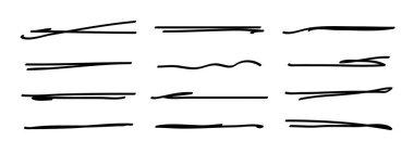 Altı çizili, elle çizilmiş kalem darbeleri. Doodle stili ayırıcı el yazısı kolleksiyon dalgalı kıvrımlı çizgiler sanat çizgileri. İzole edilmiş. Vektör illüstrasyonu