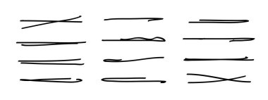 Altı çizili, elle çizilmiş kalem darbeleri. Doodle stili ayırıcı el yazısı kolleksiyon dalgalı kıvrımlı çizgiler sanat çizgileri. İzole edilmiş. Vektör illüstrasyonu