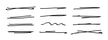 Altı çizili, elle çizilmiş kalem darbeleri. Doodle stili ayırıcı el yazısı kolleksiyon dalgalı kıvrımlı çizgiler sanat çizgileri. İzole edilmiş. Vektör illüstrasyonu