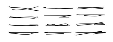 Altı çizili, elle çizilmiş kalem darbeleri. Doodle stili ayırıcı el yazısı kolleksiyon dalgalı kıvrımlı çizgiler sanat çizgileri. İzole edilmiş. Vektör illüstrasyonu