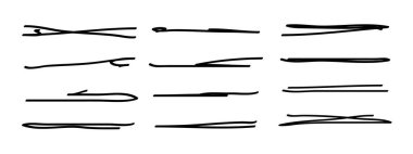 Altı çizili, elle çizilmiş kalem darbeleri. Doodle stili ayırıcı el yazısı kolleksiyon dalgalı kıvrımlı çizgiler sanat çizgileri. İzole edilmiş. Vektör illüstrasyonu