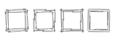 Kare kareler, el çizimi dalgalı kıvrımlı monogramlar. Kenarları ve pul kadroları basit karalamalı girdap tasarım elementleriyle. İzole edilmiş. Vektör