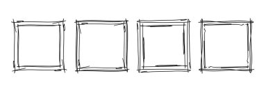 Kare kareler, el çizimi dalgalı kıvrımlı monogramlar. Kenarları ve pul kadroları basit karalamalı girdap tasarım elementleriyle. İzole edilmiş. Vektör