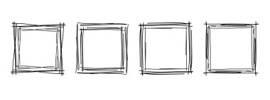 Kare kareler, el çizimi dalgalı kıvrımlı monogramlar. Kenarları ve pul kadroları basit karalamalı girdap tasarım elementleriyle. İzole edilmiş. Vektör