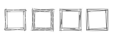 Kare kareler, el çizimi dalgalı kıvrımlı monogramlar. Kenarları ve pul kadroları basit karalamalı girdap tasarım elementleriyle. İzole edilmiş. Vektör