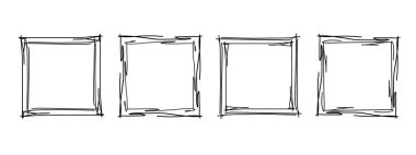 Kare kareler, el çizimi dalgalı kıvrımlı monogramlar. Kenarları ve pul kadroları basit karalamalı girdap tasarım elementleriyle. İzole edilmiş. Vektör