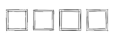 Kare kareler, el çizimi dalgalı kıvrımlı monogramlar. Kenarları ve pul kadroları basit karalamalı girdap tasarım elementleriyle. İzole edilmiş. Vektör