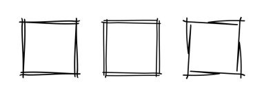 Kare karalama pulu çerçeveleri, el yapımı dalgalı kıvrımlı monogramlar. Kenarları ve kadroları basit karalamalı girdap tasarım elementleriyle. İzole edilmiş. Vektör