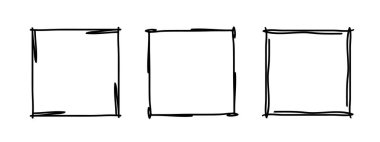 Kare karalama pulu çerçeveleri, el yapımı dalgalı kıvrımlı monogramlar. Kenarları ve kadroları basit karalamalı girdap tasarım elementleriyle. İzole edilmiş. Vektör