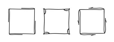 Kare karalama pulu çerçeveleri, el yapımı dalgalı kıvrımlı monogramlar. Kenarları ve kadroları basit karalamalı girdap tasarım elementleriyle. İzole edilmiş. Vektör