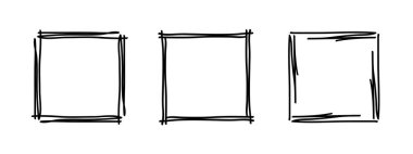 Kare karalama pulu çerçeveleri, el yapımı dalgalı kıvrımlı monogramlar. Kenarları ve kadroları basit karalamalı girdap tasarım elementleriyle. İzole edilmiş. Vektör