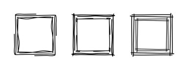 Kare karalama pulu çerçeveleri, el yapımı dalgalı kıvrımlı monogramlar. Kenarları ve kadroları basit karalamalı girdap tasarım elementleriyle. İzole edilmiş. Vektör