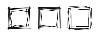 Kare karalama pulu çerçeveleri, el yapımı dalgalı kıvrımlı monogramlar. Kenarları ve kadroları basit karalamalı girdap tasarım elementleriyle. İzole edilmiş. Vektör