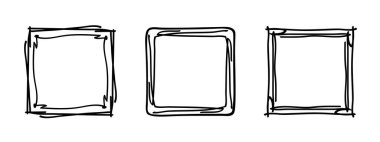 Kare karalama pulu çerçeveleri, el yapımı dalgalı kıvrımlı monogramlar. Kenarları ve kadroları basit karalamalı girdap tasarım elementleriyle. İzole edilmiş. Vektör