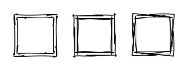 Kare karalama pulu çerçeveleri, el yapımı dalgalı kıvrımlı monogramlar. Kenarları ve kadroları basit karalamalı girdap tasarım elementleriyle. İzole edilmiş. Vektör