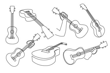 Ukulele müzikal seti bir satır sanat, el çizimi Hawaii telli enstrüman seti çalma seti sürekli kontür çiziyor. Akustik gitar anahatları minimalist koleksiyon sembolleri. Düzenlenebilir vuruş.