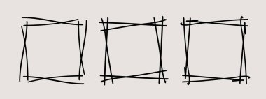 Çerçeve pulu seti, vektör eli eğimli kenarlar, soyut boş dalgalı grunge doodle monogram Kadro kiti. Minimalist karalama tasarım elementleri. İzole edilmiş. Vektör illüstrasyonu.