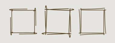 Çerçeve pulu seti, vektör eli eğimli kenarlar, soyut boş dalgalı grunge doodle monogram Kadro kiti. Minimalist karalama tasarım elementleri. İzole edilmiş. Vektör illüstrasyonu.