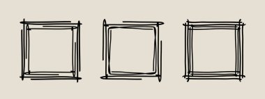 Çerçeve pulu seti, vektör eli eğimli kenarlar, soyut boş dalgalı grunge doodle monogram Kadro kiti. Minimalist karalama tasarım elementleri. İzole edilmiş. Vektör illüstrasyonu.