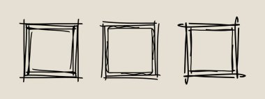 Çerçeve pulu seti, vektör eli eğimli kenarlar, soyut boş dalgalı grunge doodle monogram Kadro kiti. Minimalist karalama tasarım elementleri. İzole edilmiş. Vektör illüstrasyonu.