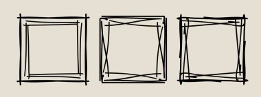 Çerçeve pulu seti, vektör eli eğimli kenarlar, soyut boş dalgalı grunge doodle monogram Kadro kiti. Minimalist karalama tasarım elementleri. İzole edilmiş. Vektör illüstrasyonu.