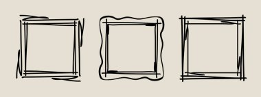 Çerçeve pulu seti, vektör eli eğimli kenarlar, soyut boş dalgalı grunge doodle monogram Kadro kiti. Minimalist karalama tasarım elementleri. İzole edilmiş. Vektör illüstrasyonu.