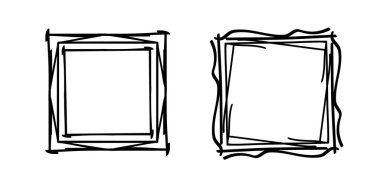 Çerçeve pulu seti, vektör eli eğimli kenarlar, soyut boş dalgalı grunge doodle monogram Kadro kiti. Minimalist karalama tasarım elementleri. İzole edilmiş. Vektör illüstrasyonu.