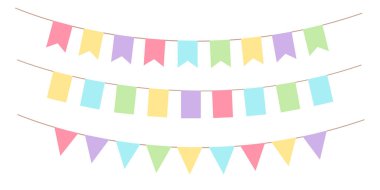 Doğum günü partisi dekorasyonu için ipte renkli bayraklar, tatil yıldönümü kumaş çelenkleri tasarımı, modern şenlikli asılı dekor. İzole edilmiş. Vektör