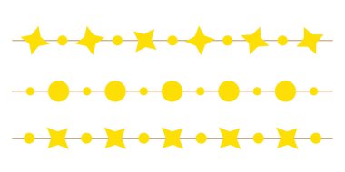 Sarı yıldızlar şenlik çelengi, dekoratif parti tasarımı, basit tatil dekorasyonu yıldönümü kumaş tasarımı, modern şenlikli asılı dekor, elle çizilmiş düz stil. İzole edilmiş. Vektör