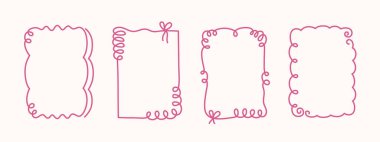 Coquette hand-drawn wavy frames set, squiggle curly swirl tied bow borders, ribbons cadre vintage modern vintage whimsical edgings elements, elegant trend stamps flirting girly style design. Isolated.