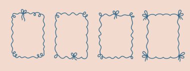 Coquette hand-drawn wavy frames set, squiggle curly swirl tied bow borders, ribbons cadre vintage modern vintage whimsical edgings elements, elegant trend stamps flirting girly style design. Isolated.